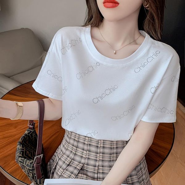 women's t-shirt 2021 summer o neck drilling short sleeve t shirt women letter casual loose korean style clothes female, White
women's t-shirt 2021 summer o neck drilling short sleeve t shirt women letter casual loose korean style clothes female, White