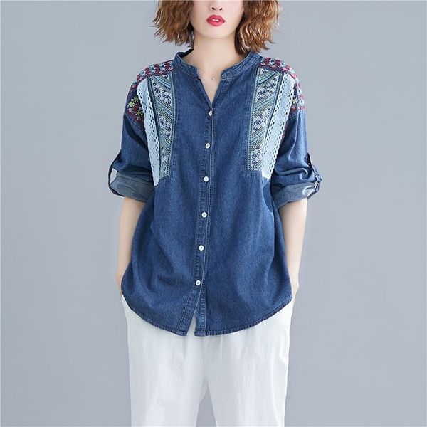women's blouses & shirts spring women fashion loose one fit size single breasted embroidery denim shirt female trendy stand collar cott, White
women's blouses & shirts spring women fashion loose one fit size single breasted embroidery denim shirt female trendy stand collar cott, White