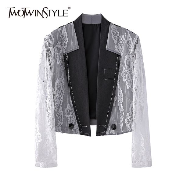 white patchwork lace elegant blazer for women notched long sleeve hollow out short korean blazers female style 210524, White;black
white patchwork lace elegant blazer for women notched long sleeve hollow out short korean blazers female style 210524, White;black