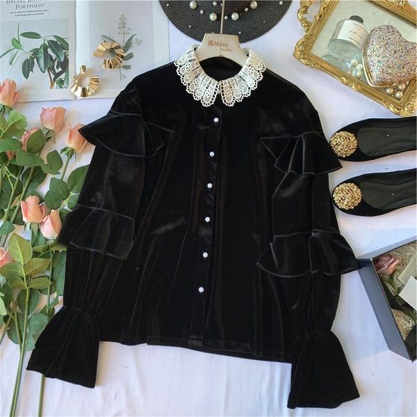 women's blouses & shirts elegant black hepburn style lace collar women ruffled velvet casual korean shirt female long sleeve loose blus, White
women's blouses & shirts elegant black hepburn style lace collar women ruffled velvet casual korean shirt female long sleeve loose blus, White