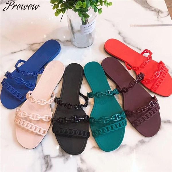 prowow jelly flat slippers summer beach shoes plastic chain sandals 2021 luxury designer brand woman flip flops, Black
