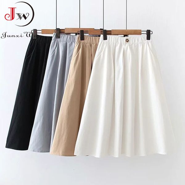 spring summer preppy style solid women cotton skirt casual elegant office elastic waist a-line midi skirts with pocket 210510, Black
spring summer preppy style solid women cotton skirt casual elegant office elastic waist a-line midi skirts with pocket 210510, Black