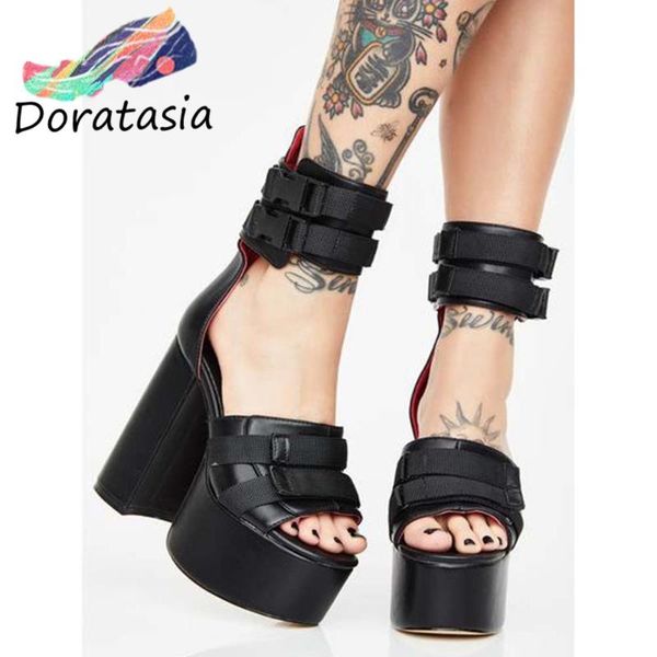 brand women summer buckle platform party shoes cool punk sandals block heel open toe, Black
