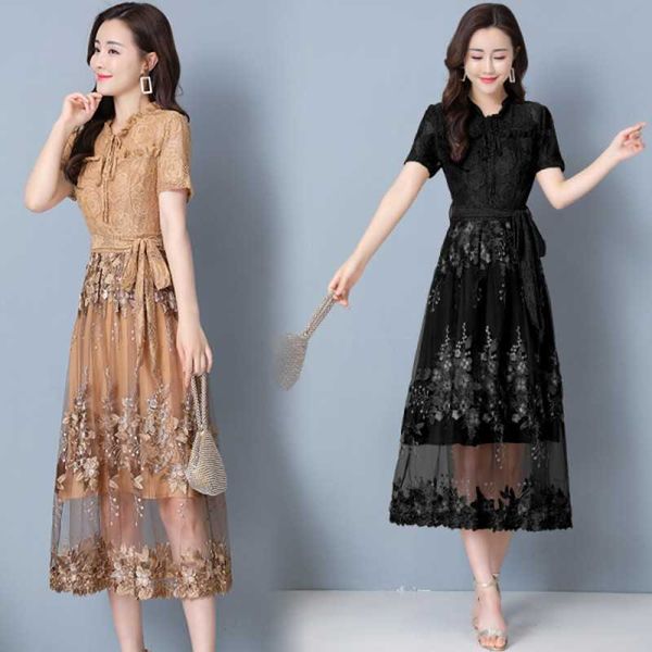 summer fashion elegant temperament women flower embroidery party dresse short sleeve o-neck lace long 210531, Black;gray
summer fashion elegant temperament women flower embroidery party dresse short sleeve o-neck lace long 210531, Black;gray