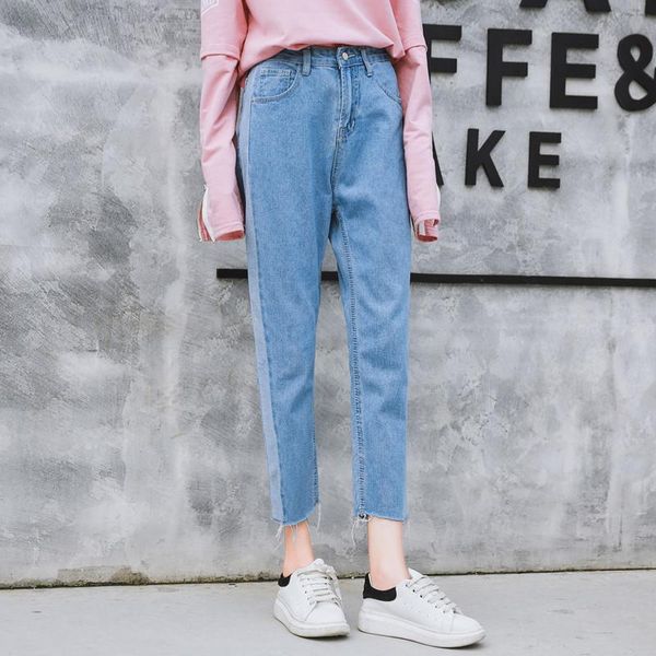 women's jeans spring womens spliced pants high waist loose straight ankle-length washed blue polyester denim
women's jeans spring womens spliced pants high waist loose straight ankle-length washed blue polyester denim