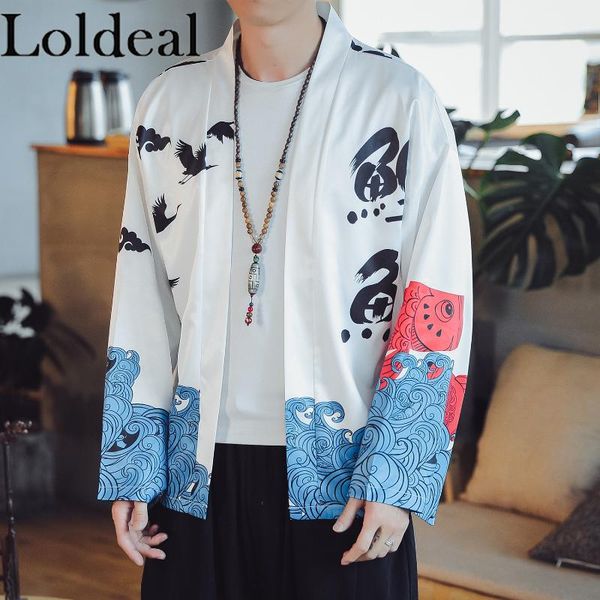 men's casual shirts loldeal printed black thin kimono men streetwear oversize losse jackets outerwear, White;black
men's casual shirts loldeal printed black thin kimono men streetwear oversize losse jackets outerwear, White;black