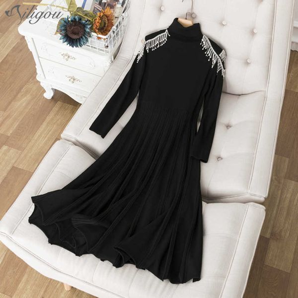 women's dress black stretch crystal diamond collar long sleeve a-line pleated vestidos 210527, Black;gray
women's dress black stretch crystal diamond collar long sleeve a-line pleated vestidos 210527, Black;gray