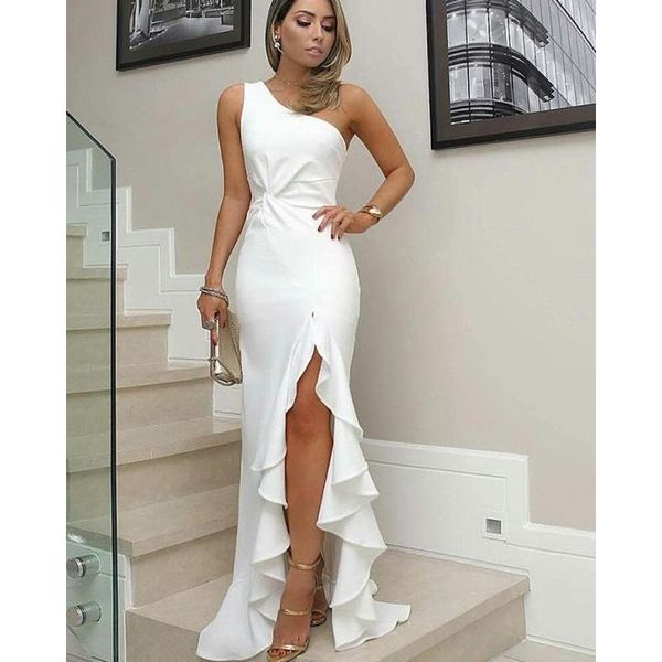 party dresses one shoulder white mermaid prom 2021 sleeveless ruffles floor length split side simple formal evening dress gowns, White;black
party dresses one shoulder white mermaid prom 2021 sleeveless ruffles floor length split side simple formal evening dress gowns, White;black