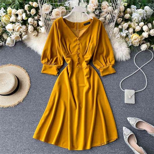 summer women's dress french style solid color puff sleeve v-neck button-breasted waist slimming female es gx551 210507, Black;gray 
summer women's dress french style solid color puff sleeve v-neck button-breasted waist slimming female es gx551 210507, Black;gray
