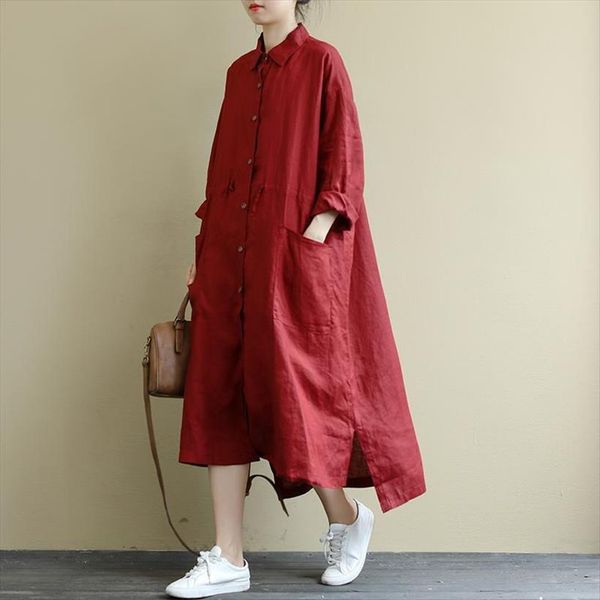 red shirt loose button women dresses turn down collar long sleeve robes pockets spring casual vintage, Black;gray 
red shirt loose button women dresses turn down collar long sleeve robes pockets spring casual vintage, Black;gray