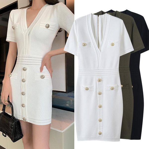 summer v-neck knitted dress women's slim fit bag hip short sleeve tight gold button decorative high waist skirt two piece, White
summer v-neck knitted dress women's slim fit bag hip short sleeve tight gold button decorative high waist skirt two piece, White