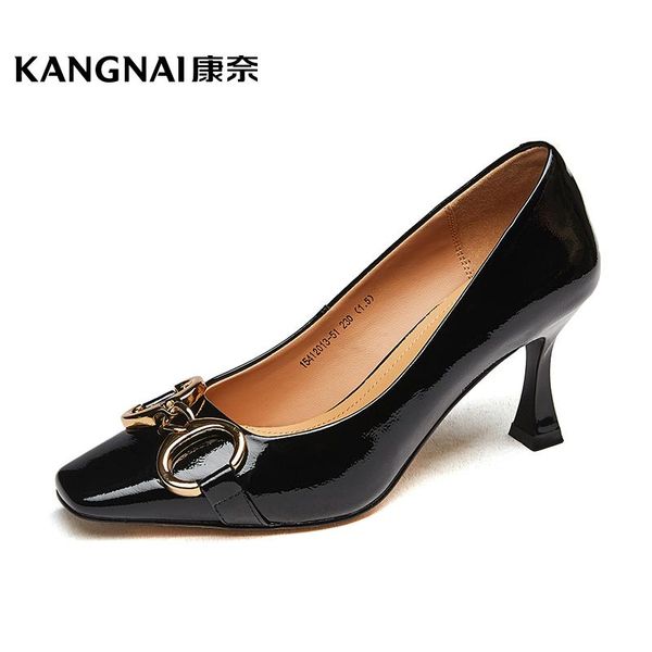 dress shoes kangnai women pumps patent leather square toe shallow high heels metal decoration office lady, Black
dress shoes kangnai women pumps patent leather square toe shallow high heels metal decoration office lady, Black