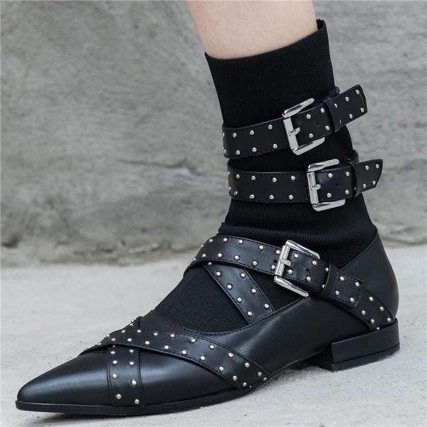 boots handmade genuine leather pointed toe rivets decor women low heel buckle straps elastic patent designer sock, Black
boots handmade genuine leather pointed toe rivets decor women low heel buckle straps elastic patent designer sock, Black