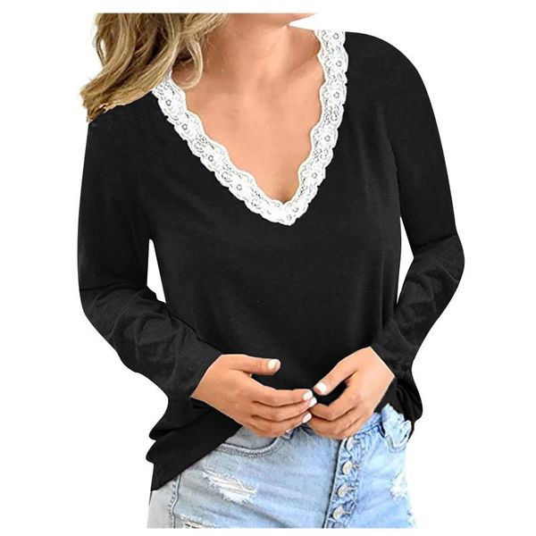 women's t-shirt 2021 lace splicing tee womens fashion blouse v-neck long sleeve women streetwear, White
women's t-shirt 2021 lace splicing tee womens fashion blouse v-neck long sleeve women streetwear, White