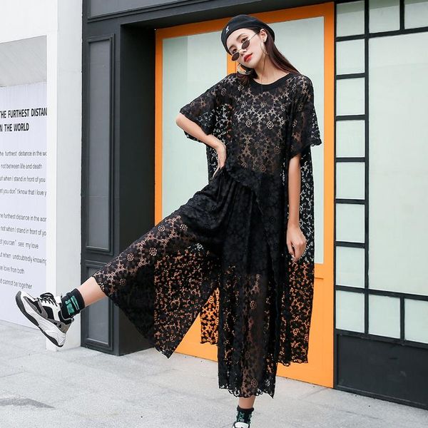 women's pants & capris elegant clothes set plus size loose irregular +wide leg hollow out conjunto de ropa, Black;white 
women's pants & capris elegant clothes set plus size loose irregular +wide leg hollow out conjunto de ropa, Black;white