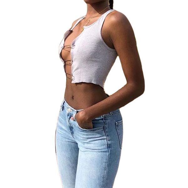 women's tanks & camis summer ladies crop women personalized solid color round collar sleeveless pin decoration midriff-baring cardi, White 
women's tanks & camis summer ladies crop women personalized solid color round collar sleeveless pin decoration midriff-baring cardi, White