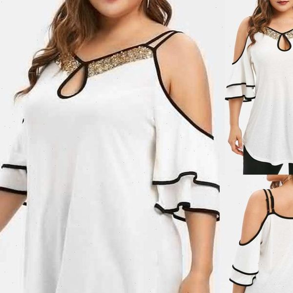womens blouses plus size women sequins neck cold shoulder ruffled sleeve irregular hem blouse, White 
womens blouses plus size women sequins neck cold shoulder ruffled sleeve irregular hem blouse, White