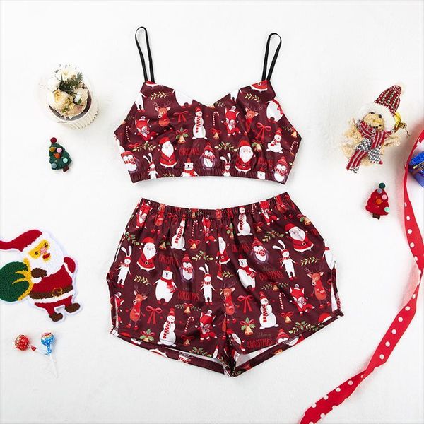 red pattern merry christmas pajamas women sleepwear two piece sets satin home wear v neck spaghetti strap print shorts female, Black;red
red pattern merry christmas pajamas women sleepwear two piece sets satin home wear v neck spaghetti strap print shorts female, Black;red