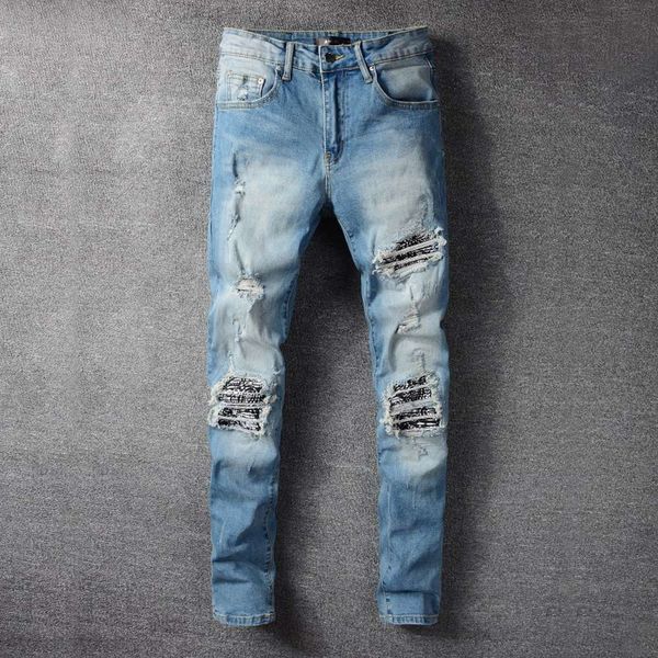 665 high street fashion brand blue beggar patch pants motorcycle trend personality stretch slim jeans stitching contrast color
665 high street fashion brand blue beggar patch pants motorcycle trend personality stretch slim jeans stitching contrast color