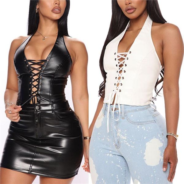 women's sleeveless vest solid color lace up chest hollow out pu leather for female tanks & camis, White
women's sleeveless vest solid color lace up chest hollow out pu leather for female tanks & camis, White