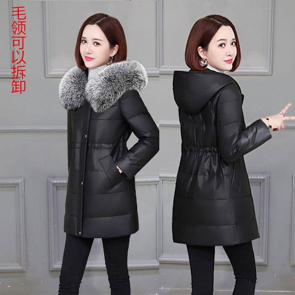 women's leather & faux hooded fur jacket women's mid-length winter pu down cotton coat plus size slim parkas mujer abrigos m308, Black
women's leather & faux hooded fur jacket women's mid-length winter pu down cotton coat plus size slim parkas mujer abrigos m308, Black
