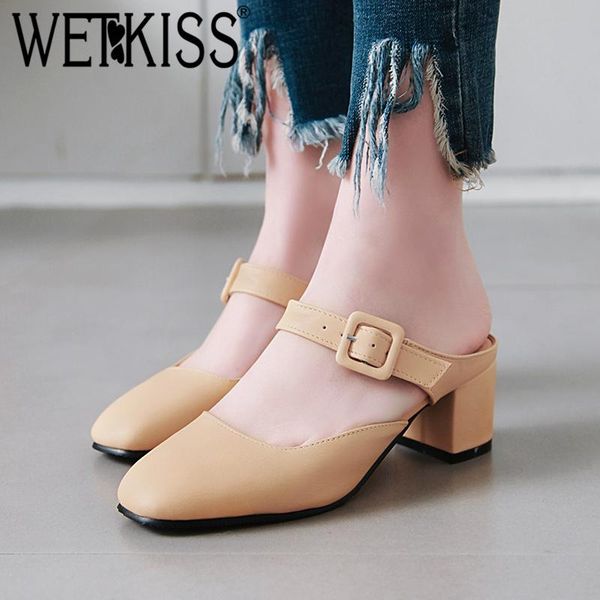 slippers wetkiss pu thick high heels women square toe footwear slides shoes female buckle mules woman summer 2021, Black 
slippers wetkiss pu thick high heels women square toe footwear slides shoes female buckle mules woman summer 2021, Black