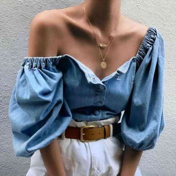 women off shoulder denim shirts lantern sleeve blouses solid ladies elastic slash neck shirts all-matching women, White
women off shoulder denim shirts lantern sleeve blouses solid ladies elastic slash neck shirts all-matching women, White
