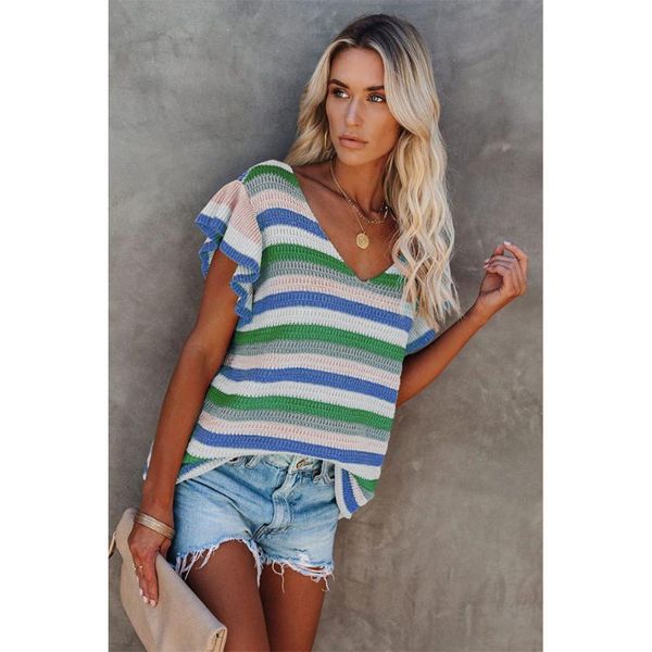 women's t-shirt striped knitted v-neck pullover casual short sleeve 2514986, White
women's t-shirt striped knitted v-neck pullover casual short sleeve 2514986, White