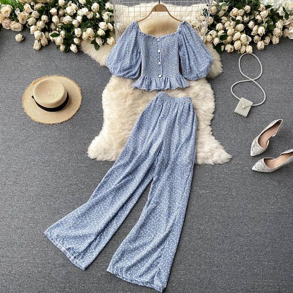 women's two piece pants summer blue/yellow/white printed 2pcs set women vintage square collar puff sleeve single breasted short and wi
women's two piece pants summer blue/yellow/white printed 2pcs set women vintage square collar puff sleeve single breasted short and wi