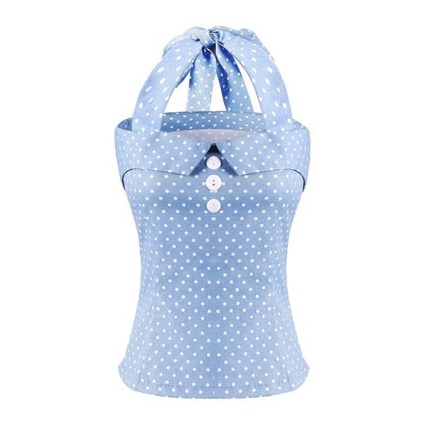 women's blouses & shirts 2021 polka dot vintage buttons halter lace up back women elegant light blue slim backless cotton ladies, White
women's blouses & shirts 2021 polka dot vintage buttons halter lace up back women elegant light blue slim backless cotton ladies, White