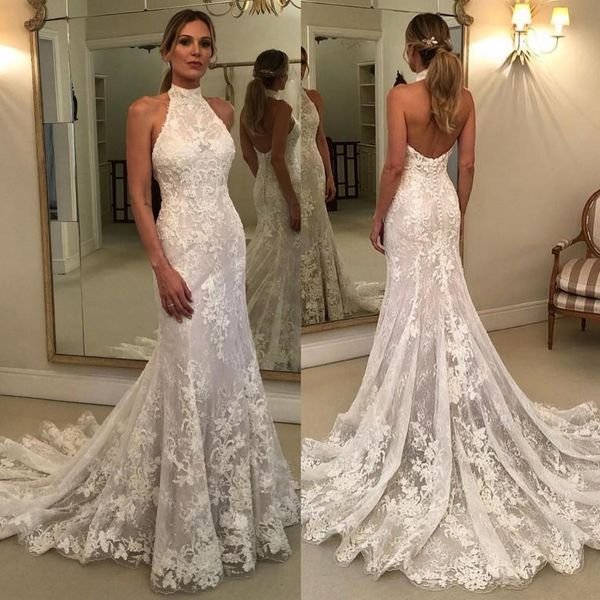 gorgeous lace mermaid wedding dresses bridal gown halter appliqued sweep train custom made plus size covered buttons back vestidos de novia, White
gorgeous lace mermaid wedding dresses bridal gown halter appliqued sweep train custom made plus size covered buttons back vestidos de novia, White