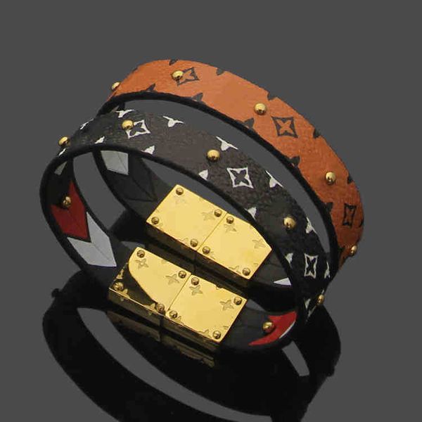 cuff titanium steel v letter black yellow double-sided printed leather bracelet women's four leaf flower belt nail, White
cuff titanium steel v letter black yellow double-sided printed leather bracelet women's four leaf flower belt nail, White