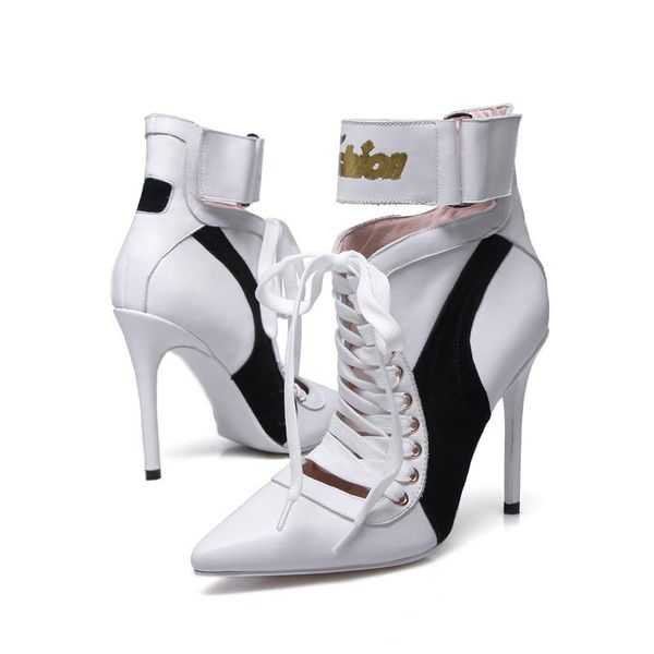 boots fashion european american style front lace-up pointed stiletto high heel women's color block rubber ankle, Black
boots fashion european american style front lace-up pointed stiletto high heel women's color block rubber ankle, Black
