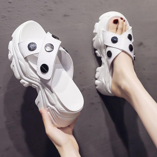 slippers fashion ladies sports summer wear metal decorative thick bottom 8 cm slope heel casual beach slippers., Black
slippers fashion ladies sports summer wear metal decorative thick bottom 8 cm slope heel casual beach slippers., Black