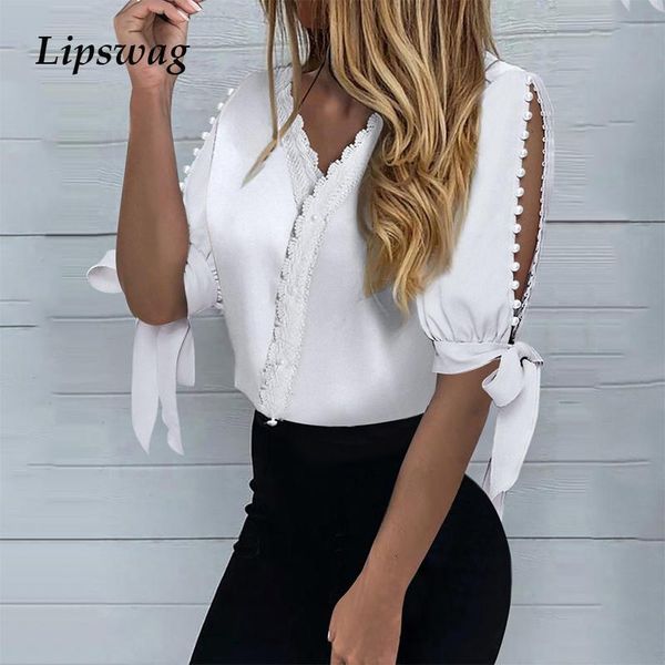 women's blouses & shirts summer elegant casual short sleeve blouse women hollow out lace bow v neck fashion single breasted office lady, White
women's blouses & shirts summer elegant casual short sleeve blouse women hollow out lace bow v neck fashion single breasted office lady, White