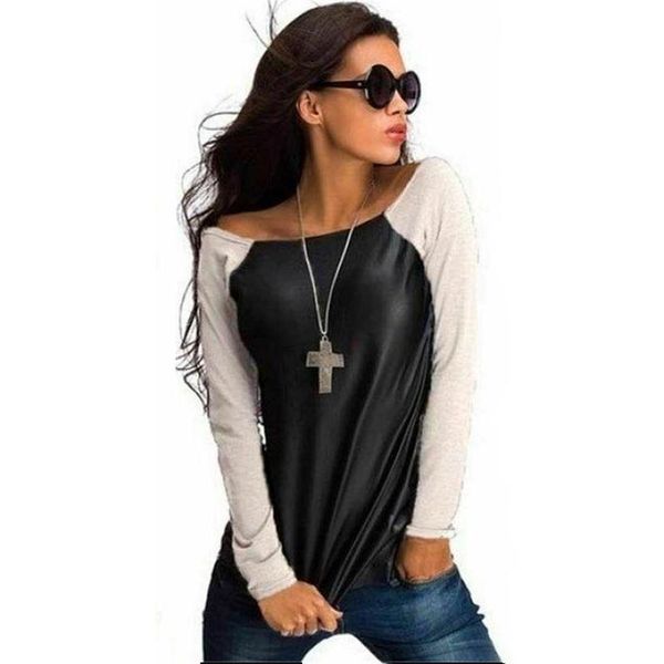 women's t-shirt o neck long sleeve t shirt patchwork leather loose tee ladies fashion casual office work wear autumn, White
women's t-shirt o neck long sleeve t shirt patchwork leather loose tee ladies fashion casual office work wear autumn, White