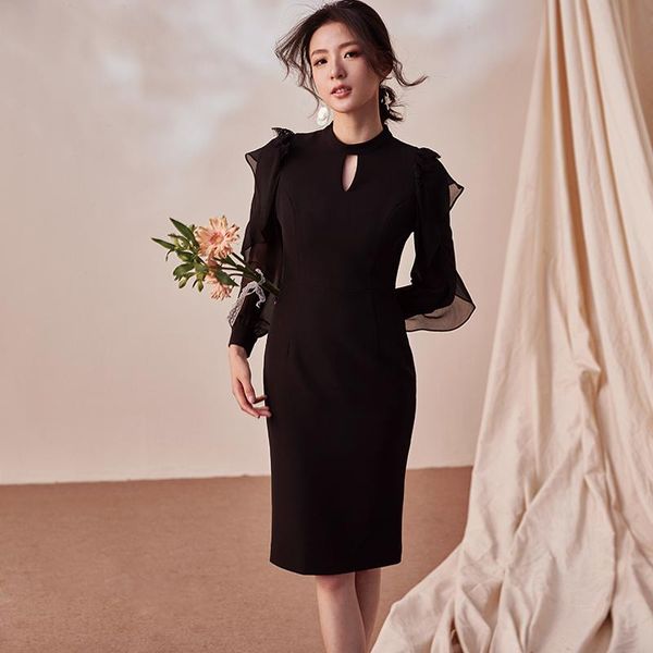 casual dresses 2021 elegant ruffle long sleeve spring autumn black dress women pencil midi knee length office ladies work wear, Black;gray
casual dresses 2021 elegant ruffle long sleeve spring autumn black dress women pencil midi knee length office ladies work wear, Black;gray