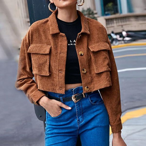 women's jackets corduroy women cropped jacket fashion casual turn-down collar brown autumn elegant solid button streetwear coats 2021, Black;brown
women's jackets corduroy women cropped jacket fashion casual turn-down collar brown autumn elegant solid button streetwear coats 2021, Black;brown