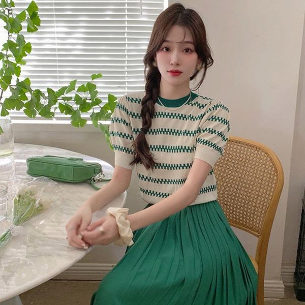 women's t-shirt women knited summer short sleeve shirt casual round collar stripes wear pink/blue/black/green clothing, White
women's t-shirt women knited summer short sleeve shirt casual round collar stripes wear pink/blue/black/green clothing, White