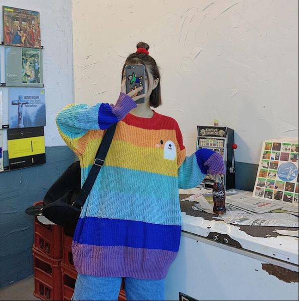 womens sweaters cute bear expression embroidery vitality rainbow striped round neck knitted sweater drop high quality, White;black
womens sweaters cute bear expression embroidery vitality rainbow striped round neck knitted sweater drop high quality, White;black
