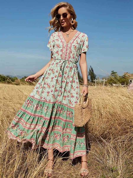 casual dresses women summer bohemian beach 2021 short sleeve v-neck cotton rayon elastic waist floral print holiday style seaside, Black;gray 
casual dresses women summer bohemian beach 2021 short sleeve v-neck cotton rayon elastic waist floral print holiday style seaside, Black;gray