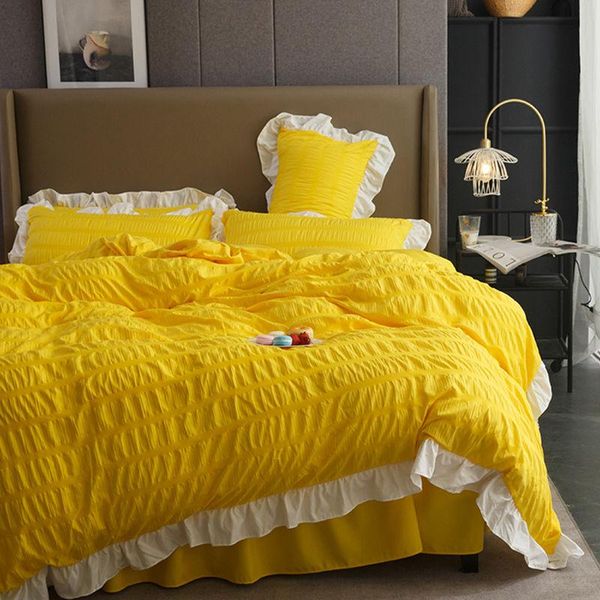 bedding sets princess style solid color washed cotton seersucker ruffles duvet cover bed skirt flat sheet pillowcase double king queen#/
bedding sets princess style solid color washed cotton seersucker ruffles duvet cover bed skirt flat sheet pillowcase double king queen#/