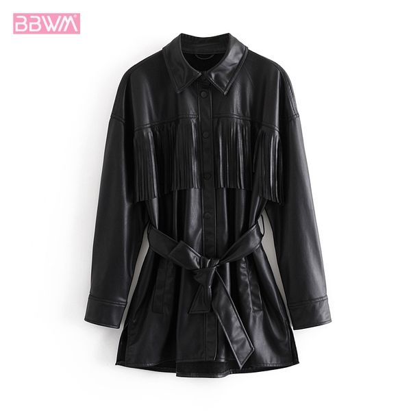 faux leather lapel long sleeves with belt tassels women's jacket coat retro fashion pu long chic female 210507, Black
faux leather lapel long sleeves with belt tassels women's jacket coat retro fashion pu long chic female 210507, Black