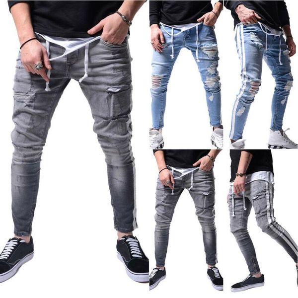 men's jeans men's skinny ripped casual fashion slim fitted stretch pencil pants summer 2021 side stripe male hole denim, Blue
men's jeans men's skinny ripped casual fashion slim fitted stretch pencil pants summer 2021 side stripe male hole denim, Blue