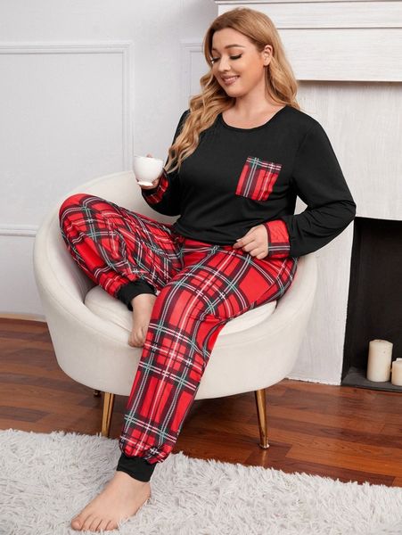 plus tartan print pocket pj set e1m1#, Black;white
plus tartan print pocket pj set e1m1#, Black;white