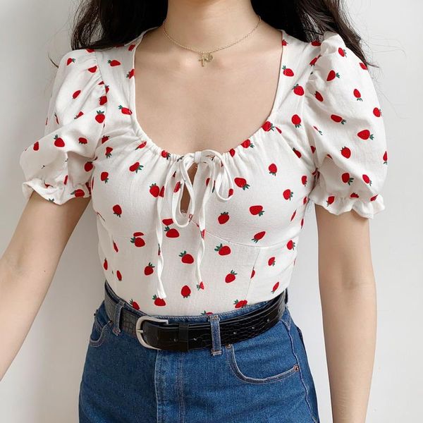 women's t-shirt french design sense niche chest hollow tie small fresh strawberry printed short-sleeved shirt woman, White
women's t-shirt french design sense niche chest hollow tie small fresh strawberry printed short-sleeved shirt woman, White