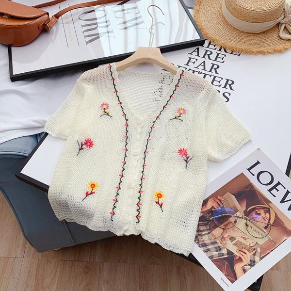 women's knits & tees korobov 2021 summer flower embroidery women short sleeve cardigans korean preppy style v neck sweaters thin knitwe, White
women's knits & tees korobov 2021 summer flower embroidery women short sleeve cardigans korean preppy style v neck sweaters thin knitwe, White