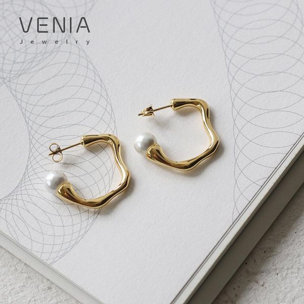 hoop & huggie venia retro pearl irregular c-shaped earrings titanium steel jewelry gold plated stud for women 2021, Golden;silver