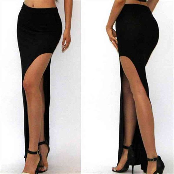 high waist long novelty women skirts open side slit maxi solid color, Black 
high waist long novelty women skirts open side slit maxi solid color, Black