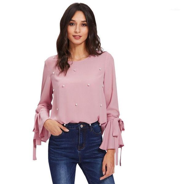 women beaded pearl bow tied flounce sleeve blouse pink round neck ruffle woman long blouse1, White
women beaded pearl bow tied flounce sleeve blouse pink round neck ruffle woman long blouse1, White